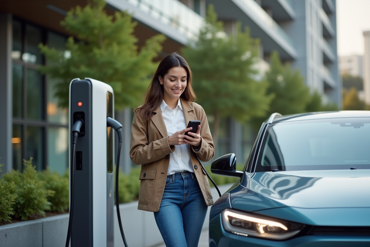 Jeune femme souriante près d'une voiture électrique en ville