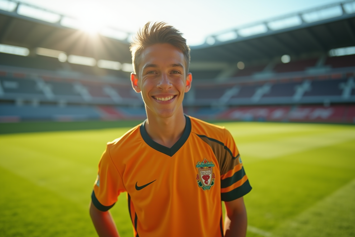 Jeune joueur de football posant fièrement sur le terrain après un match