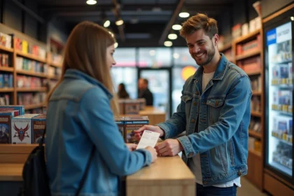 Jeune homme achetant un jeu dans un magasin moderne