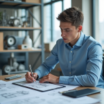 Jeune homme en bleu sketchant des plans techniques dans une salle moderne