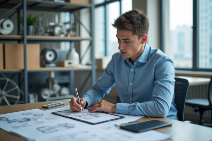 Jeune homme en bleu sketchant des plans techniques dans une salle moderne