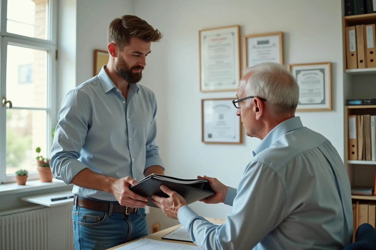 Jeune homme remettant un dossier à un homme âgé dans un bureau à domicile