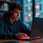 Jeune homme concentré jouant sur un ordinateur portable gaming