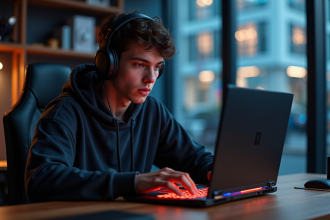 Jeune homme concentré jouant sur un ordinateur portable gaming