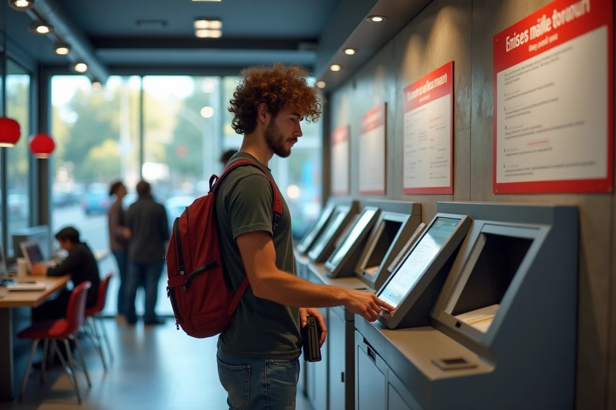 Jeune homme utilisant un kiosque postal en ville
