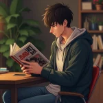 Jeune homme lisant manga Black Clover dans un salon chaleureux