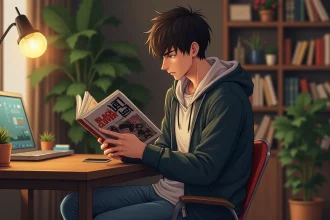 Jeune homme lisant manga Black Clover dans un salon chaleureux