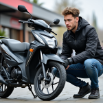 Jeune homme inspectant une moto Dax 125cc en showroom