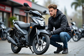 Jeune homme inspectant une moto Dax 125cc en showroom