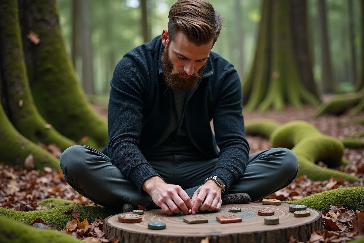 Jeune homme disposant des runes dans la forêt calme