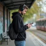 Jeune homme avec casque écouteurs regarde son smartphone à un arrêt de tram