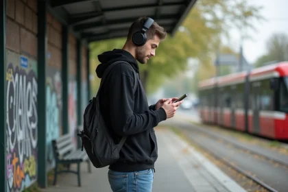Jeune homme avec casque écouteurs regarde son smartphone à un arrêt de tram