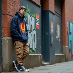 Jeune homme en streetwear devant un mur graffiti urbain
