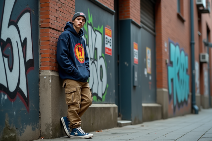 Jeune homme en streetwear devant un mur graffiti urbain