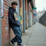 Jeune homme en streetwear urbain contre un mur graffite