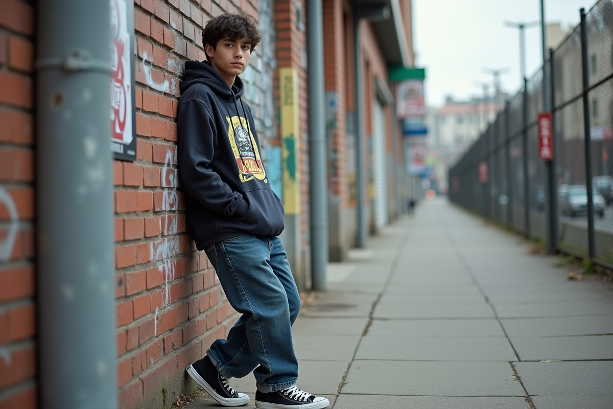 Jeune homme en streetwear urbain contre un mur graffite
