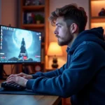 Joueur concentré sur son personnage Dofus en train de monter de niveau et d'optimiser ses gains de kamas