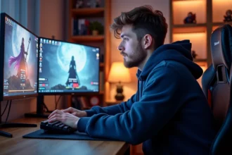 Joueur concentré sur son personnage Dofus en train de monter de niveau et d'optimiser ses gains de kamas
