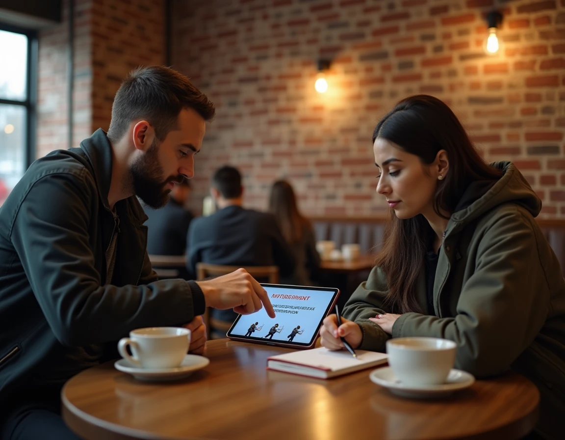 Deux joueurs adultes consultant un guide de codes Whiteout Survival sur une tablette dans un café urbain