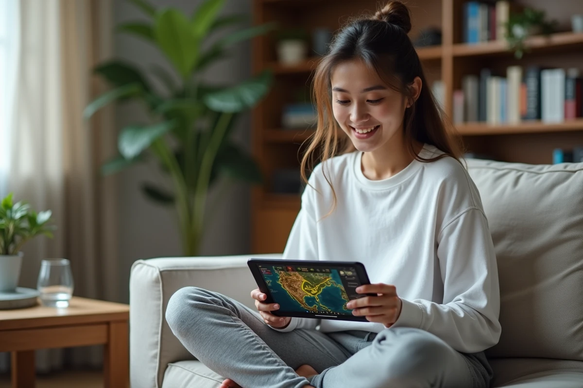 Joueuse détendue consultant une carte de quêtes sur tablette pour progresser efficacement dans Dofus