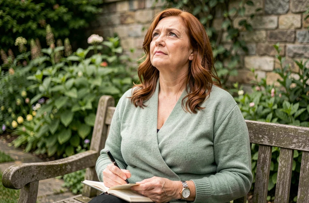 Femme écrivant dans un journal en plein air à 11h01, moment de réflexion et de rituel spirituel dans un jardin