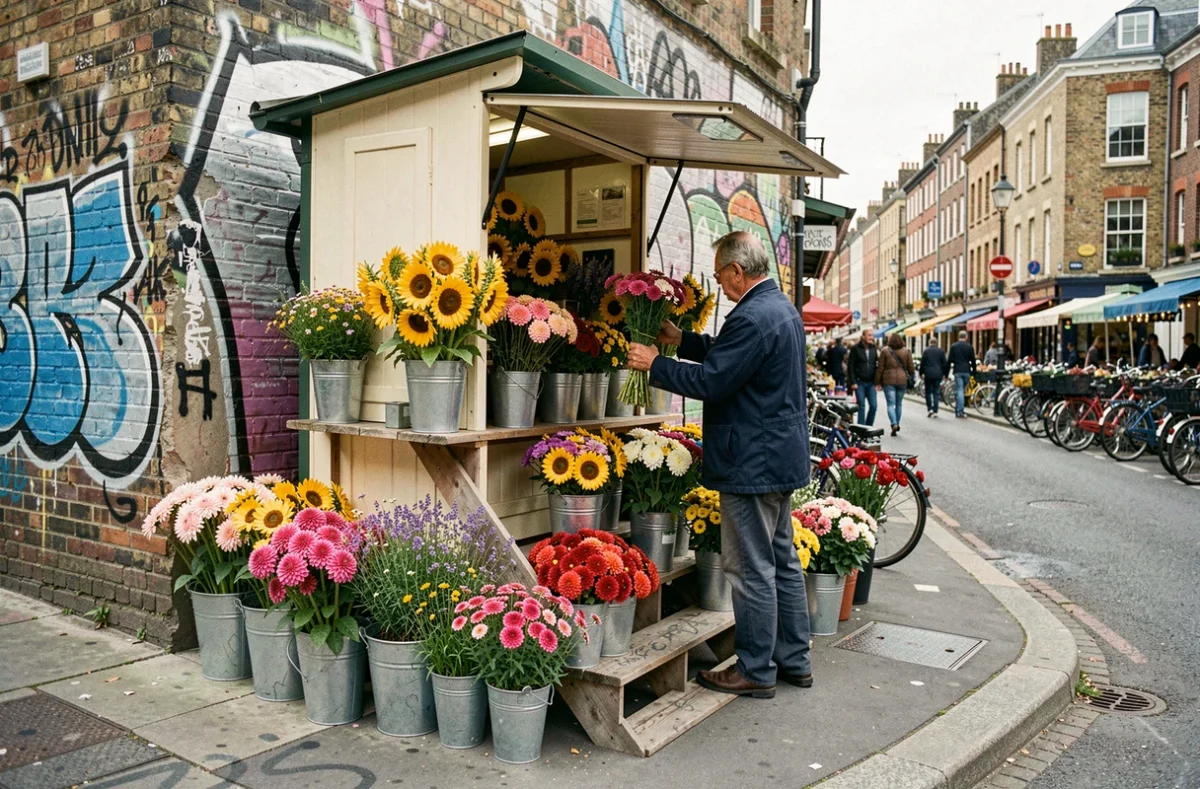 Kiosque à fleurs animé au coin d'une rue de Bagnolet avec des seaux de tournesols et de dahlias exposés sur des marches en bois