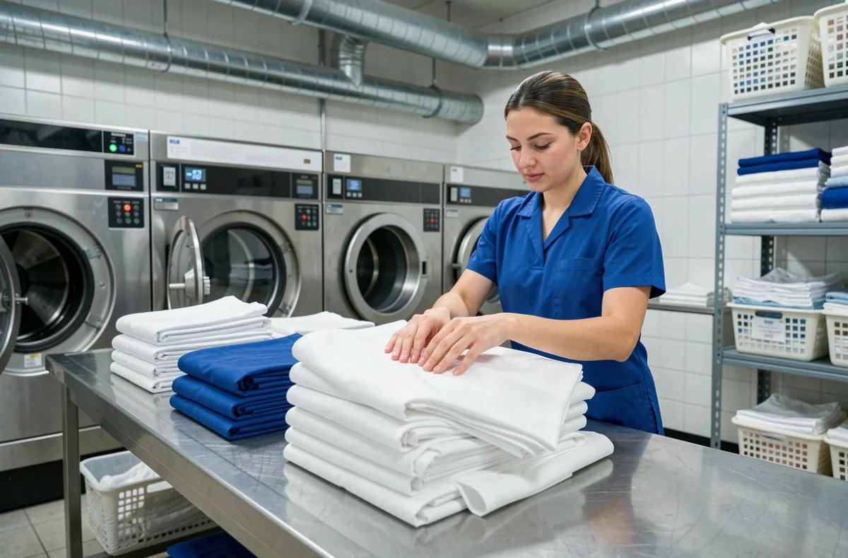 Employée de La Buanderie SARL triant des linges propres dans un atelier de blanchisserie industrielle
