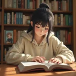 Jeune femme lisant un manga de Just Friends dans une bibliothèque cozy remplie de volumes de bande dessinée japonaise