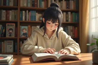 Jeune femme lisant un manga de Just Friends dans une bibliothèque cozy remplie de volumes de bande dessinée japonaise