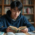 Jeune homme lisant un manga rare à son bureau entouré de volumes de collection
