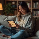 Jeune femme lisant un manga en français sur tablette, illustrant la lecture de scans manga traduits en français