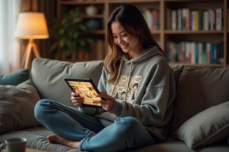 Jeune femme lisant un manga en français sur tablette, illustrant la lecture de scans manga traduits en français