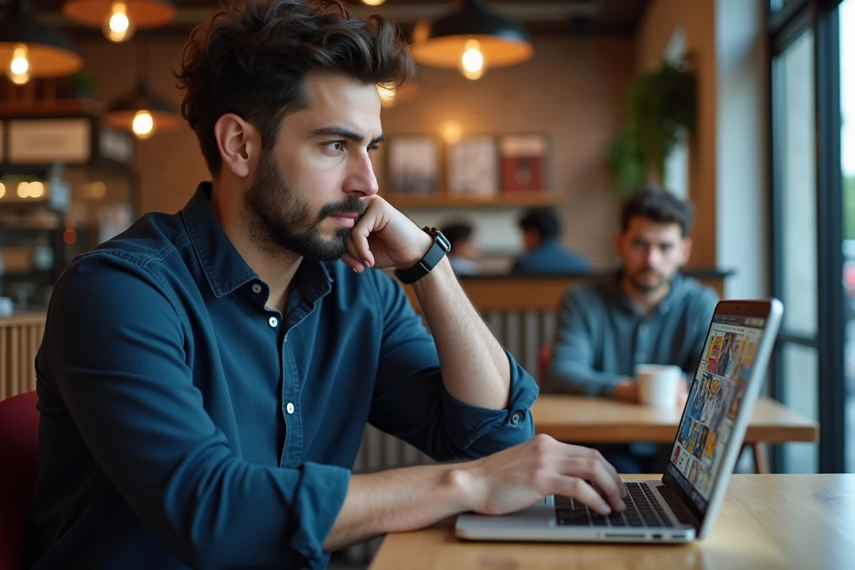 Homme lisant des scans de manga Just Friends sur un site de lecture en ligne depuis son ordinateur portable dans un café moderne