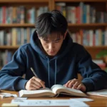 Jeune homme lisant le scan du chapitre 1143 de One Piece à son bureau entouré de volumes manga