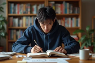Jeune homme lisant le scan du chapitre 1143 de One Piece à son bureau entouré de volumes manga