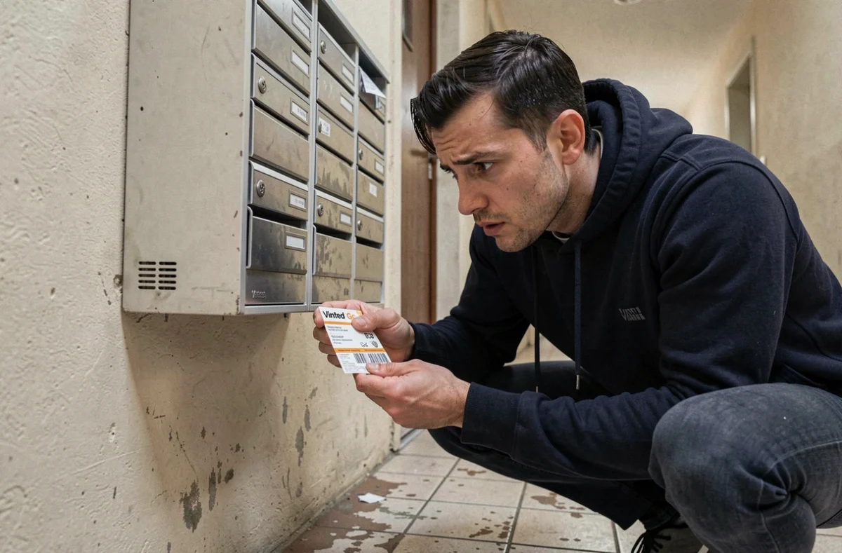 Homme inspectant une boîte aux lettres vide après un problème de livraison Vinted Go