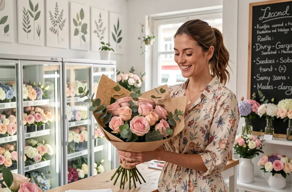Fleuriste de Louise Fleurs à Livry-Gargan enveloppant un bouquet de roses et d'eucalyptus dans du papier kraft