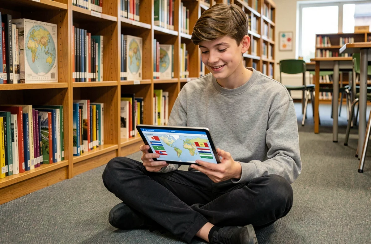 Lycéen utilisant une tablette pour un quiz interactif sur les pays du monde dans une bibliothèque scolaire