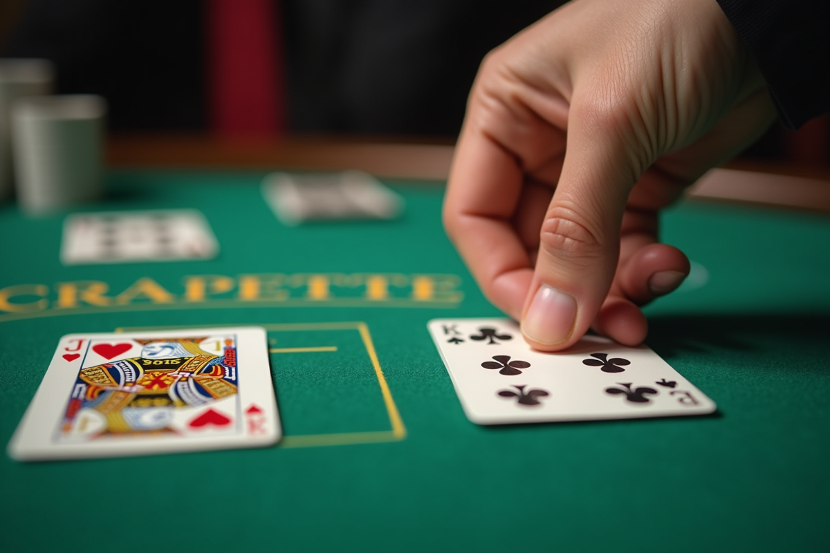Une main posant une carte sur la crapette en gros plan
