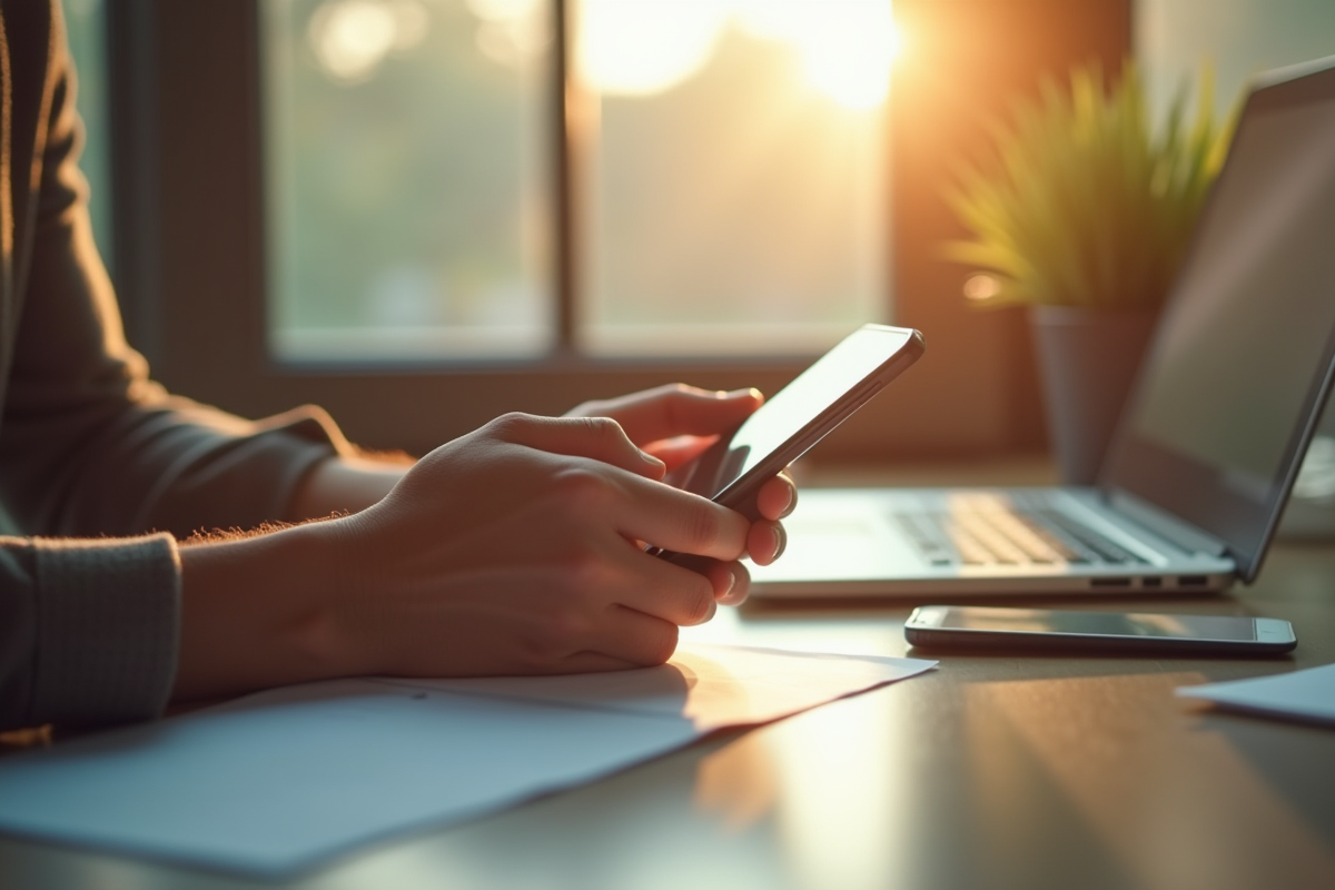 Main tenant un smartphone près d un bureau lumineux avec lumière naturelle