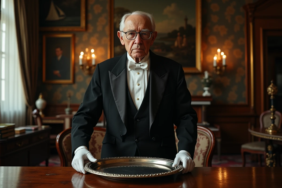 Majordome en costume ancien arrangeant un plateau en bois