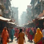 Marché urbain animé dans une mégapole d'Asie du Sud illustrant la densité de population des puissances émergentes en 2026