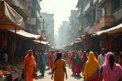 Marché urbain animé dans une mégapole d'Asie du Sud illustrant la densité de population des puissances émergentes en 2026