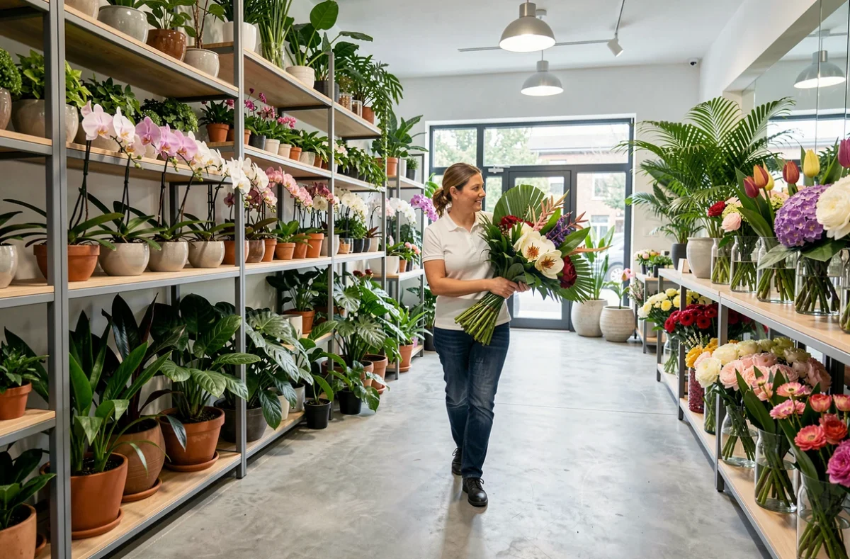 Intérieur spacieux de Maxi-Flora à Villemomble avec des rayons d'orchidées, de plantes tropicales et de compositions florales en vases