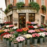 Scène de rue devant une boutique de fleuriste en Seine-Saint-Denis avec des bouquets colorés exposés sur le trottoir