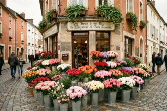 Scène de rue devant une boutique de fleuriste en Seine-Saint-Denis avec des bouquets colorés exposés sur le trottoir