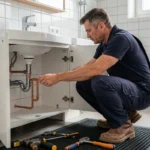 Plombier professionnel en intervention d'urgence dans une salle de bain moderne en Maine-et-Loire
