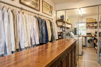 Intérieur d'un pressing professionnel en Gironde avec des vêtements propres suspendus sur un rail métallique