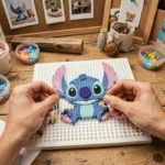 Mains adultes disposant des perles à repasser colorées sur une plaque pour créer un modèle Stitch kawaii fait main
