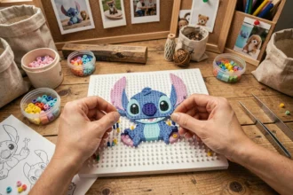 Mains adultes disposant des perles à repasser colorées sur une plaque pour créer un modèle Stitch kawaii fait main